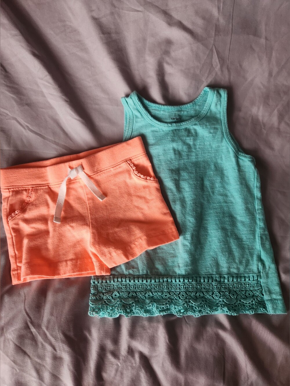 Carter's Scalloped Edge Crochet Teal Tank Top and Coral Shorts Set 24 Months EUC